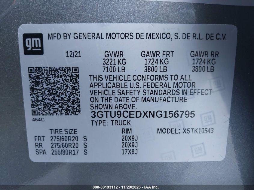 2022 GMC SIERRA 1500 LIMITED 5.3L V8   N(VIN: 3GTU9CEDXNG156795