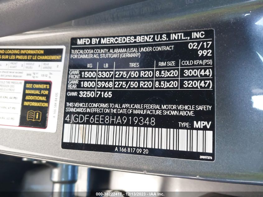 2017 MERCEDES-BENZ GLS 450 3L V-6 DI, DOHC, VVT(VIN: 4JGDF6EE8HA919348