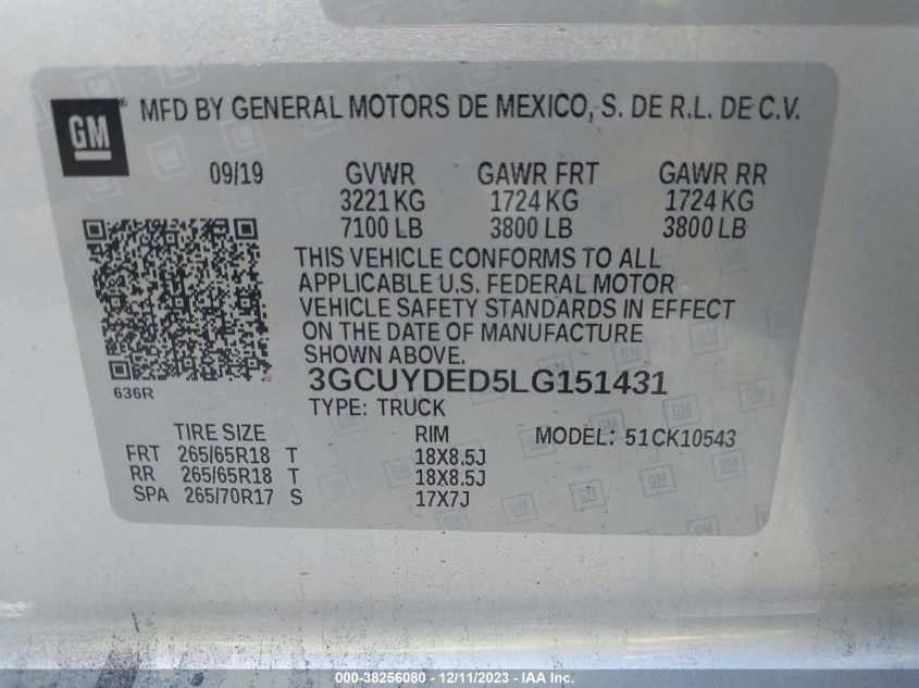 2020 CHEVROLET SILVERADO 1500 5.3L V8 FI DOHC 16V (VIN: 3GCUYDED5LG151431
