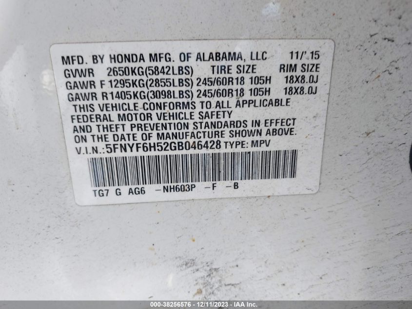 2016 HONDA PILOT 3.5L V6 FI SOHC 24V (VIN: 5FNYF6H52GB046428