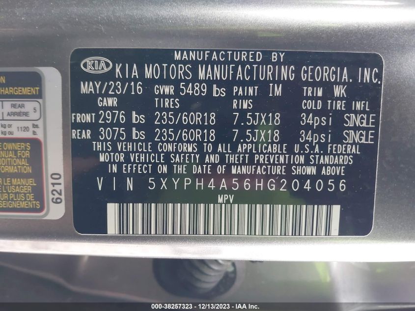 2017 KIA SORENTO 3.3L V6 FI DOHC 24V (VIN: 5XYPH4A56HG204056