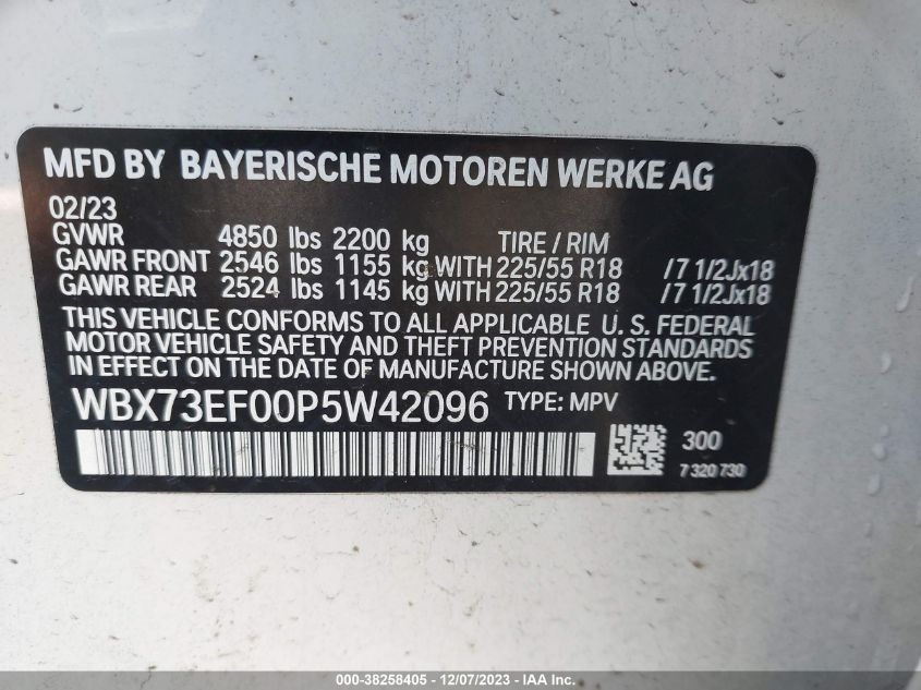 2023 BMW X1 2.0L I4   N(VIN: WBX73EF00P5W42096