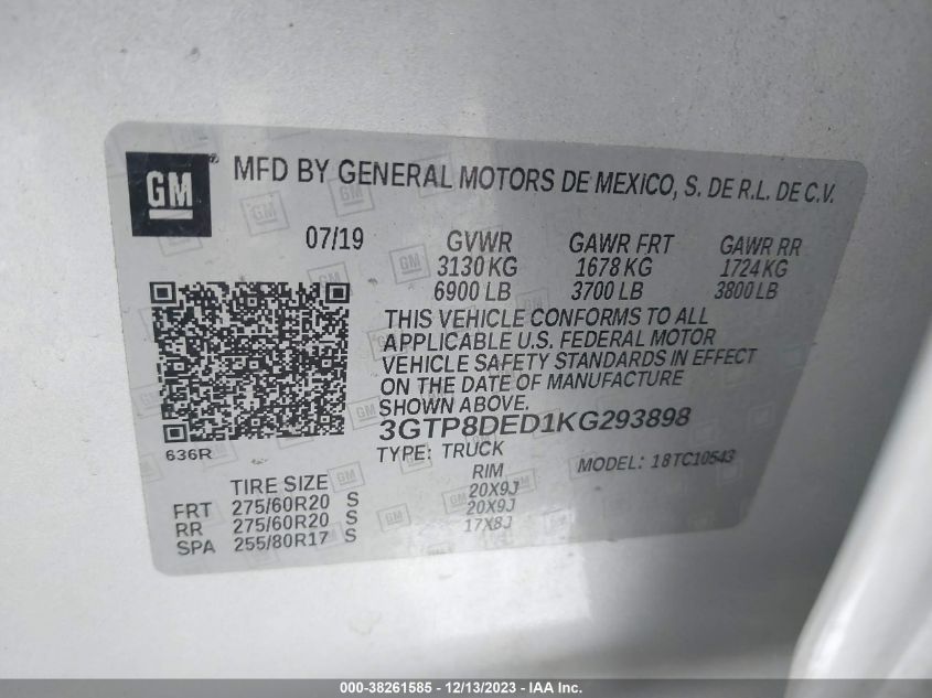 2019 GMC SIERRA 1500 5.3L ECOTEC3 V8 355 (VIN: 3GTP8DED1KG293898