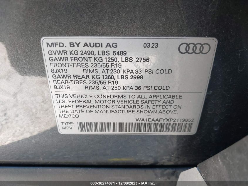 VIN WA1EAAFYXP2119852 Audi Q5 PREMIUM PLUS 45 TFSI S LINE QUATTRO 2023 8