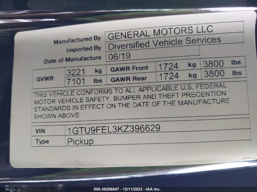 2019 GMC SIERRA 6.2L V8 FI OHV 16V N(VIN: 1GTU9FEL3KZ396629