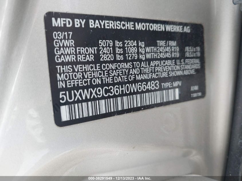 2017 BMW X3 2.0L I4 FI DOHC 16V (VIN: 5UXWX9C36H0W66483