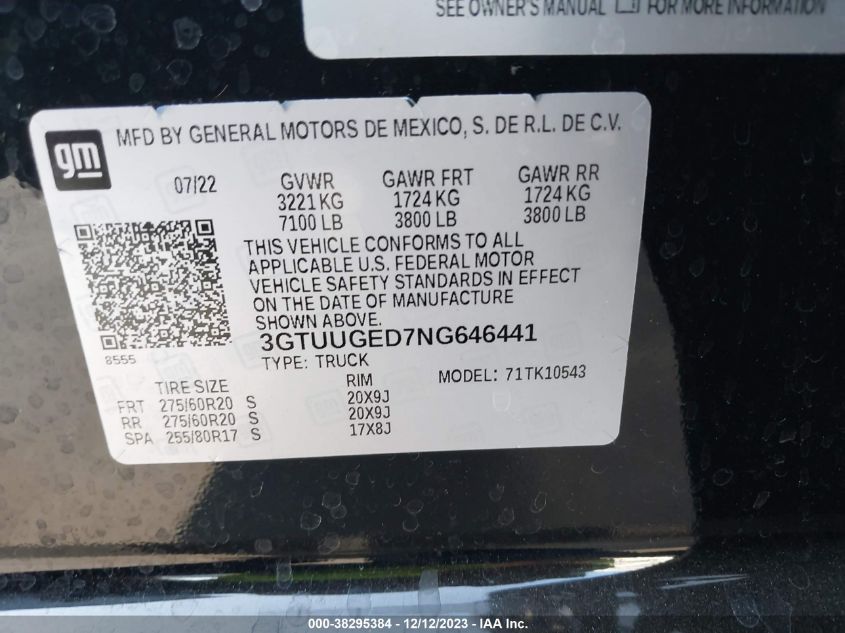 2022 GMC SIERRA 1500 4WD  SHORT BOX DENALI 3GTUUGED7NG646441