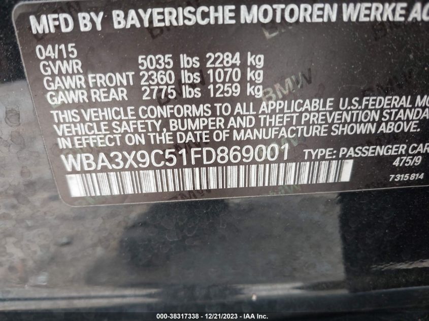 2015 BMW 335I GRAN TURISMO XDRIVE WBA3X9C51FD869001