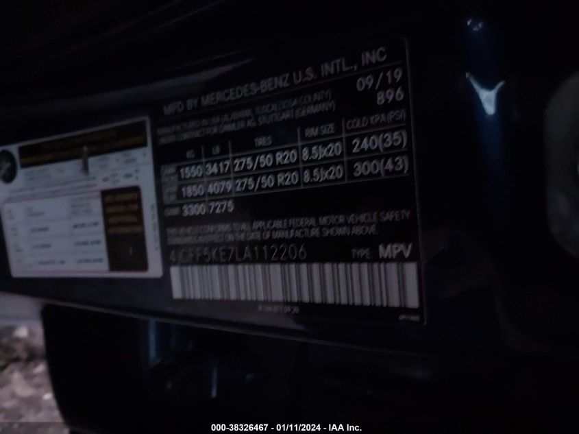 2020 MERCEDES-BENZ GLS 3.0L V6 FI DOHC 24V (VIN: 4JGFF5KE7LA112206