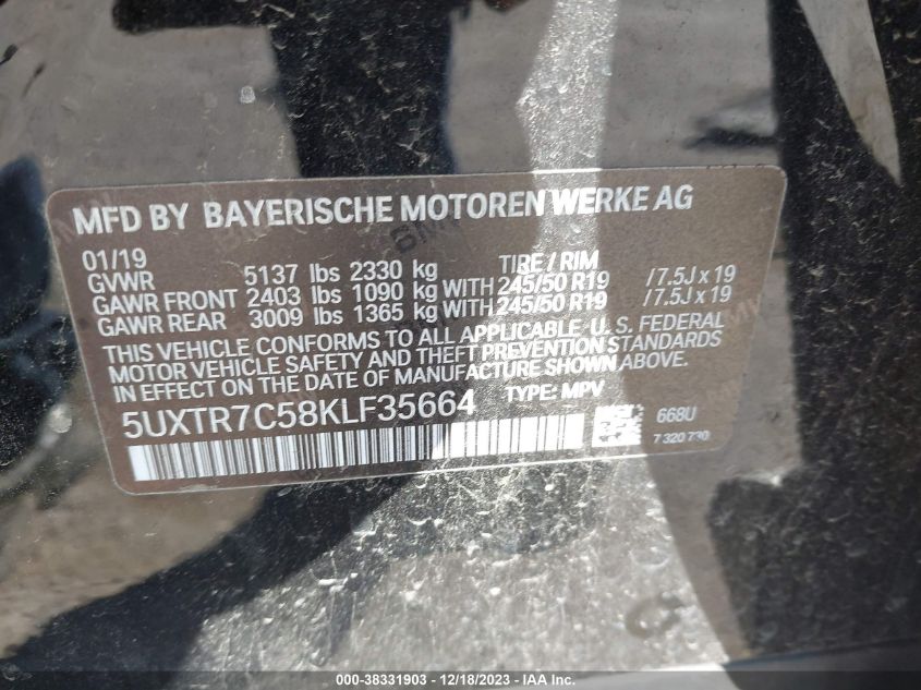 2019 BMW X3 2.0L I4 FI DOHC 16V (VIN: 5UXTR7C58KLF35664
