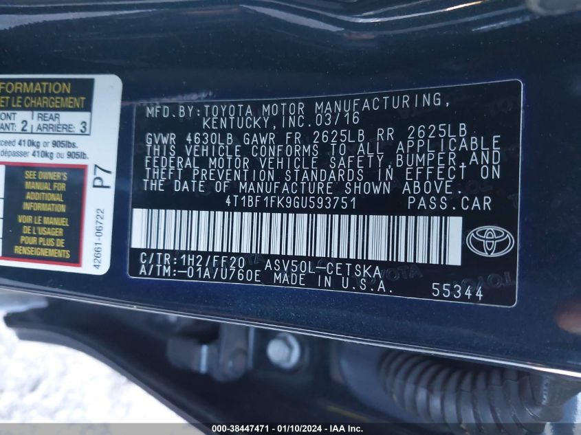 2016 TOYOTA CAMRY LE UNKNOWN SPECS(VIN: 4T1BF1FK9GU593751