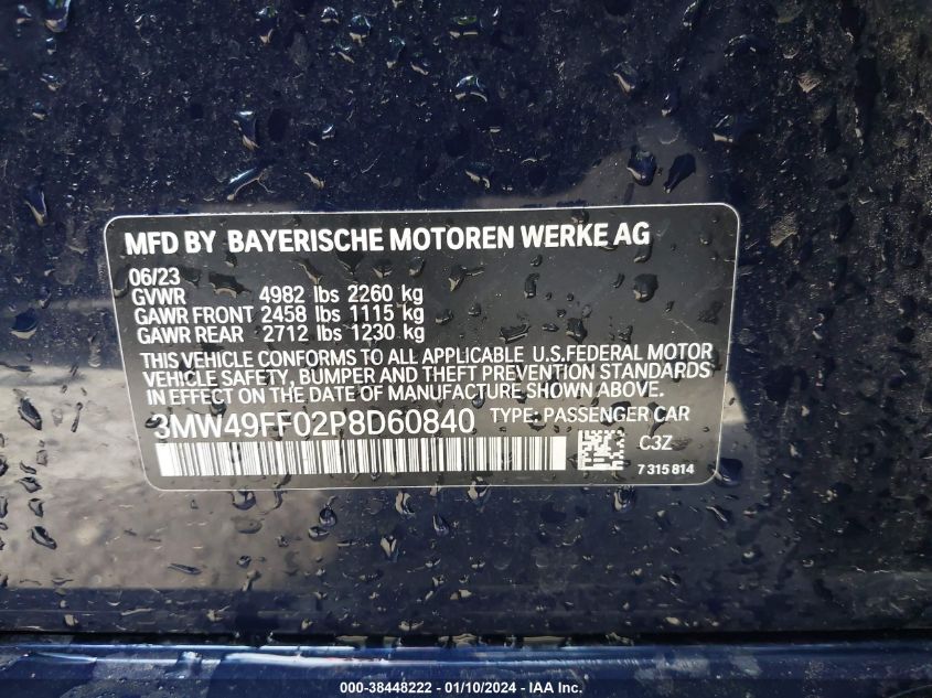 2023 BMW 3 SERIES 3.0L I-6 DI, DOHC, V(VIN: 3MW49FF02P8D60840