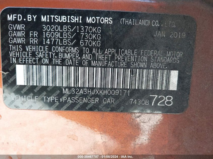 2019 MITSUBISHI MIRAGE 1.2L I3 FI DOHC 12V (VIN: ML32A3HJXKH009171