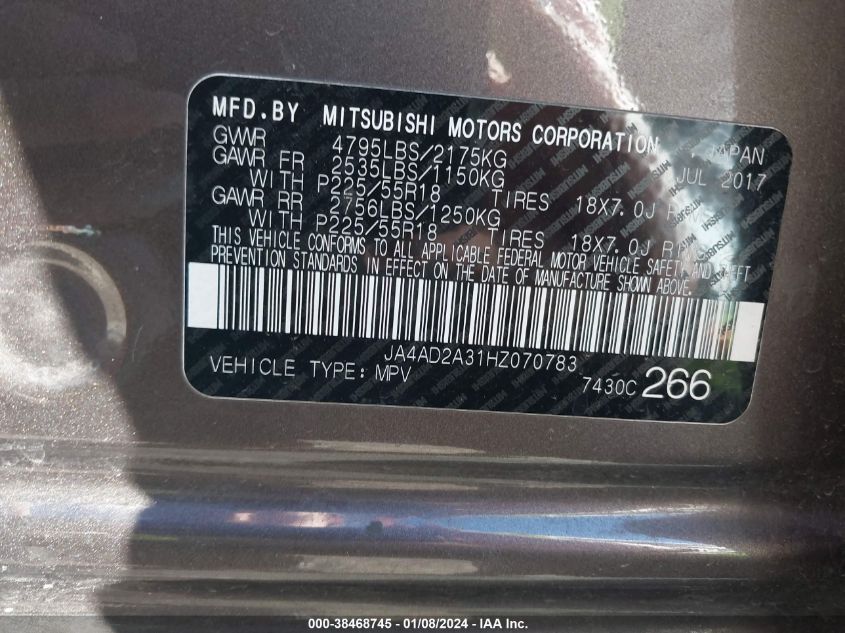 2017 MITSUBISHI OUTLANDER 2.4L I-4 VVT, 166HP(VIN: JA4AD2A31HZ070783