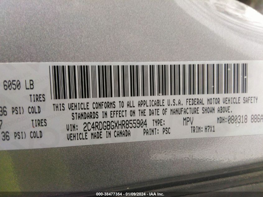 2017 DODGE GRAND CARAVAN 3.6L V6 FI DOHC 24V (VIN: 2C4RDGBGXHR855904