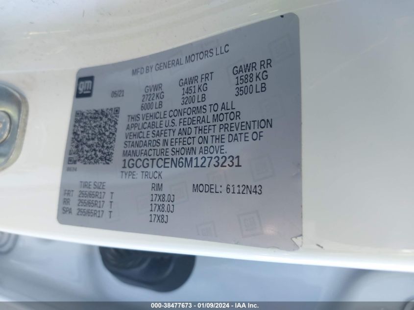 2021 CHEVROLET COLORADO 3.6L V6 FI DOHC 24V (VIN: 1GCGTCEN6M1273231