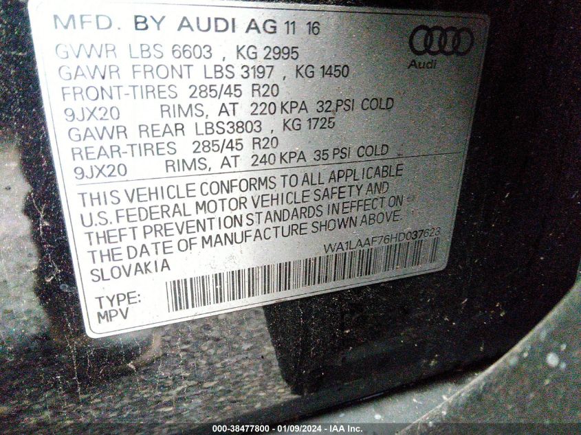 2017 AUDI Q7 3.0L V6 FI DOHC 24V (VIN: WA1LAAF76HD037623