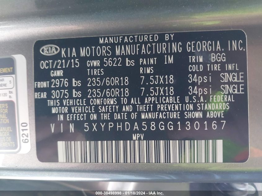2016 KIA SORENTO 3.3L V6 FI DOHC 24V (VIN: 5XYPHDA58GG130167